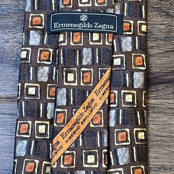 Ermenegildo Zegna Brown Silk Jacquard Geo Square Neck Tie Length 58" Width 3.5" - Picture 3 of 4